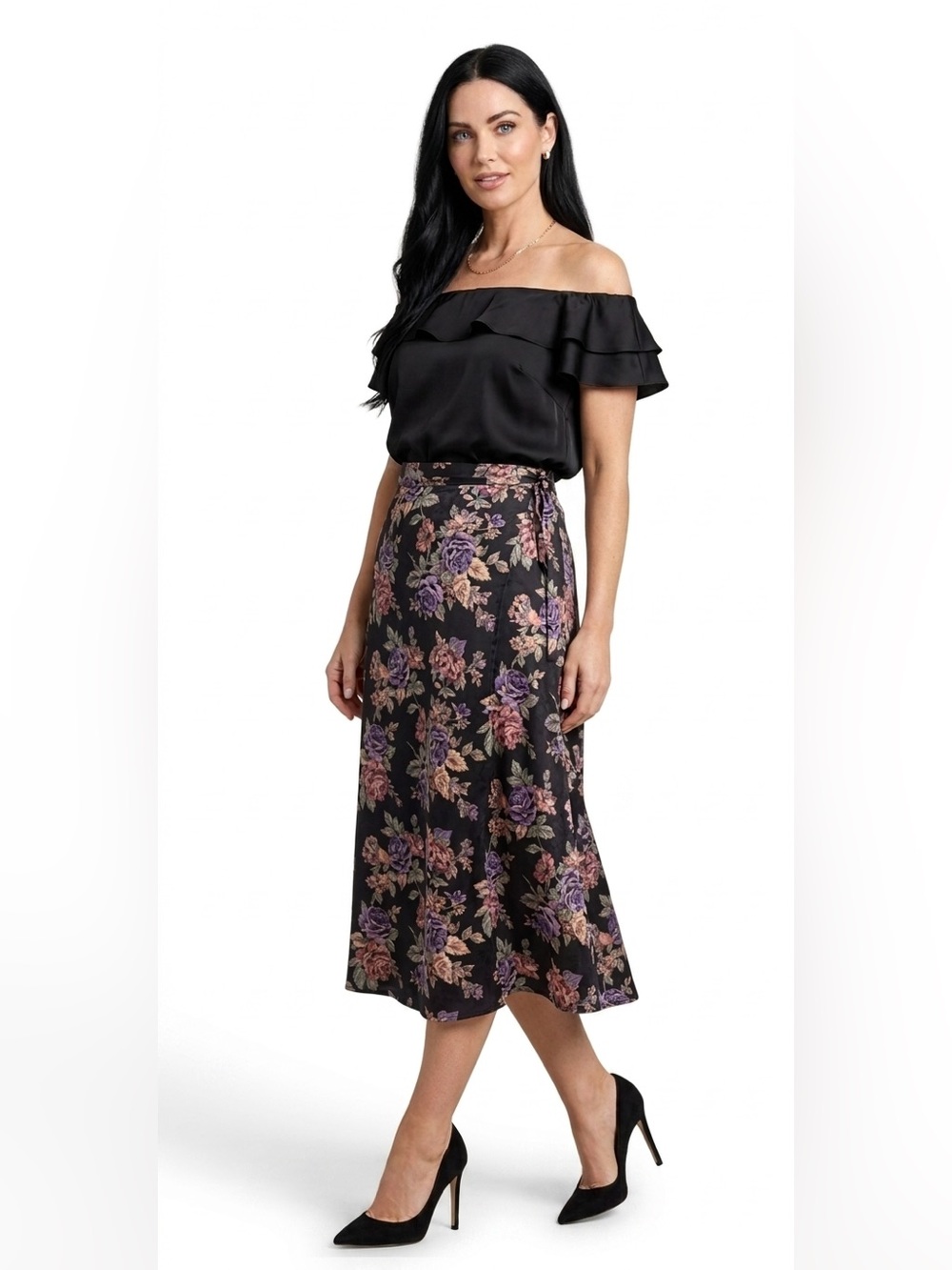 Vintage Black Floral Midi Wrap